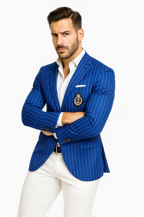 Royal Blue Pinstripe Blazer With White Pants - Suit Party Blazer - New Arrival