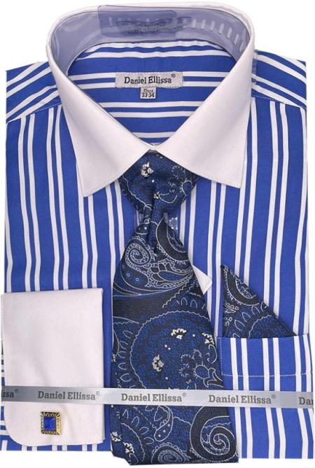 Mens Royal Blue Striped Dress Shirt Set - Medium 15.5" Neck/34-35" Sleeve