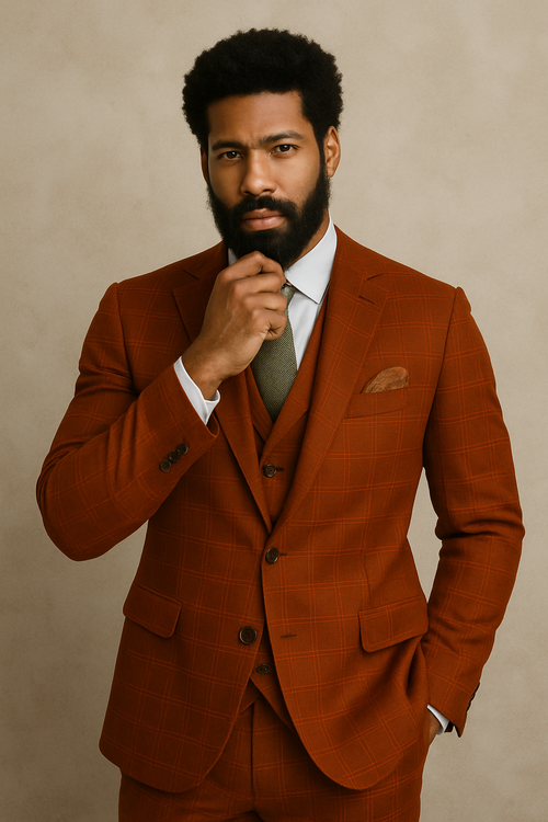 Modern Fit - Wool Suit - Italian Made Business Suit by Windowpane Texture Business Pattern Modern Fit Side Vented Men's 3 Piece 100% Wool Modern Fit Suit - Sharp Plaid Pattern