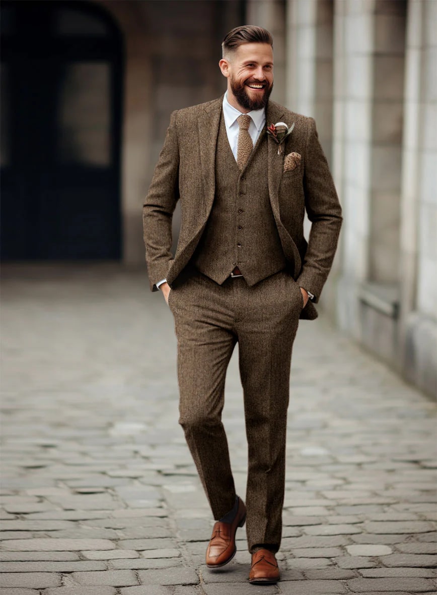Rust Wool Tweed Suit – Heritage Herringbone Design for Men - 34 Short or Extra Small