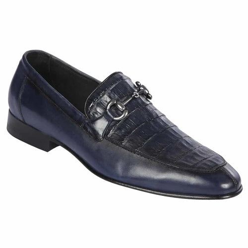 Mens Navy Genuine Crocodile and Calfskin Leather Slip-On Dress Shoes