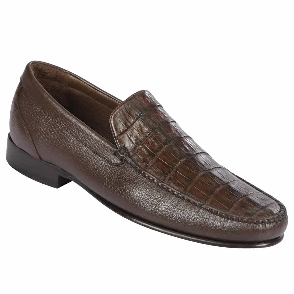 Mens Brown Genuine Crocodile and Calfskin Leather Slip-On Dress Shoes