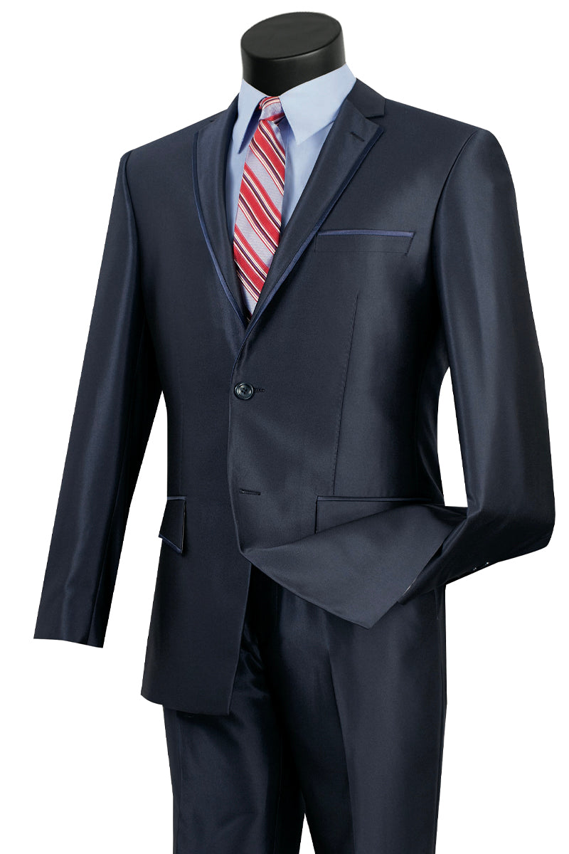 Mens Slim Fit Shiny Sharkskin Suit with Trim in Blue - 36 Short