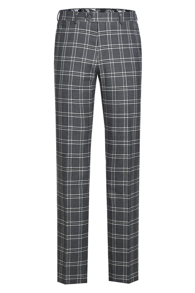 Mens Designer Slim Fit Peak Lapel Suit in Grey Windowpane Plaid