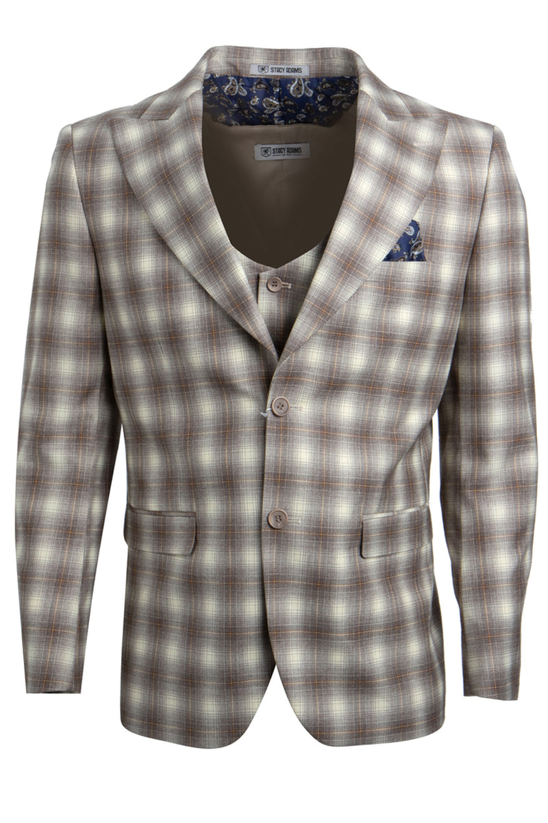 "Mens Stacy Adams Suit - Stacy Adams Suit Men's Bold Windowpane Plaid Vested Suit - Brown & Tan" - 34 Regular