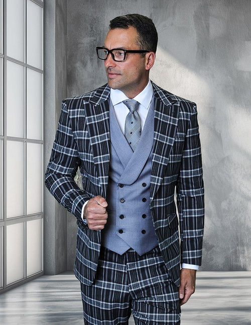 Saboo by Statement Mens Modern Fit 3 Piece 100% Wool Plaid Suit – Peak Lapel, Double Breasted Vest