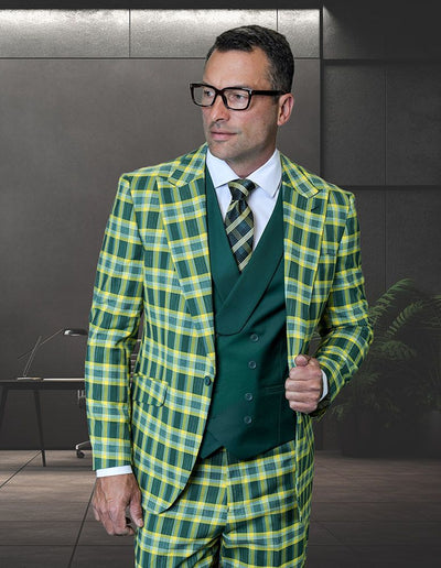 Saboo by Statement Mens Modern Fit 3 Piece 100% Wool Plaid Suit – Peak Lapel, Double Breasted Vest