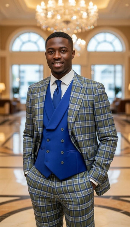 Saboo by Statement Mens Modern Fit 3 Piece 100% Wool Plaid Suit – Peak Lapel, Double Breasted Vest