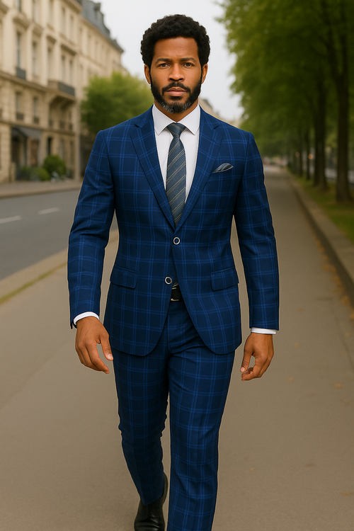 Wool Suit - Italian Made Business Suit by Windowpane Texture Business Pattern Modern Fit Side Vented Men's 2 Piece Big and Tall 100% Wool Fashion Suit - Bold Plaid