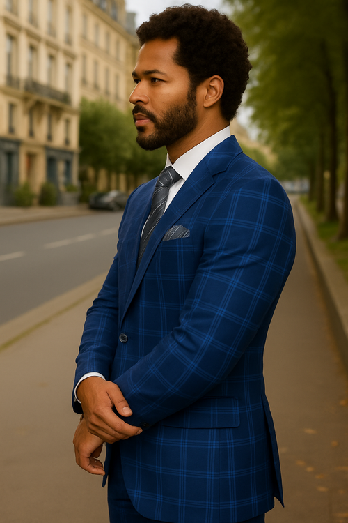 Wool Suit - Italian Made Business Suit by Windowpane Texture Business Pattern Modern Fit Side Vented Men's 2 Piece Big and Tall 100% Wool Fashion Suit - Bold Plaid