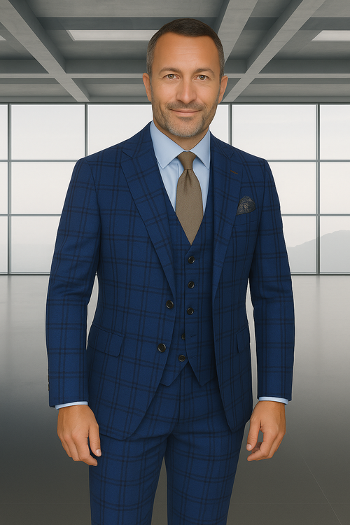 Modern Fit - Wool Suit - Italian Made Business Suit by Statement Men's 3 Piece 100% Wool Modern Fit Suit - Solid Scoop Vest