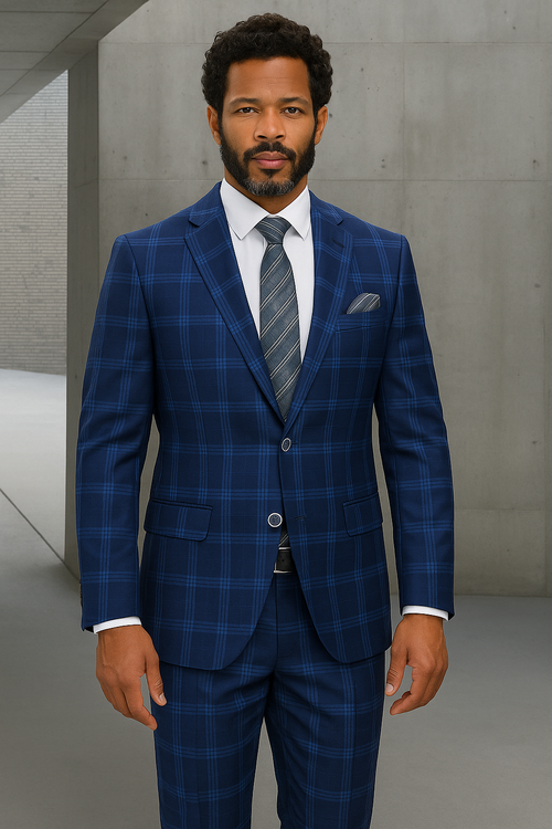 Wool Suit - Italian Made Business Suit by Windowpane Texture Business Pattern Modern Fit Side Vented Men's 2 Piece Big and Tall 100% Wool Fashion Suit - Bold Plaid