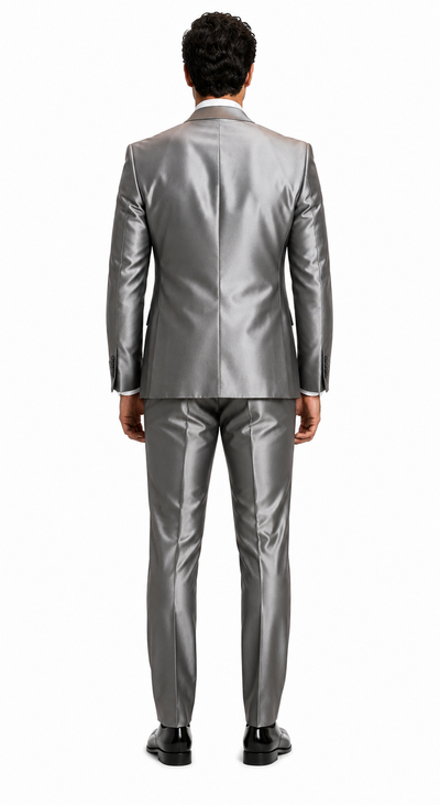 Sateen Metallic Shiny Men's 2 Button Silver Slim Fit Shark Skin Suit Tuxedo looking Men's Sharkskin Suit