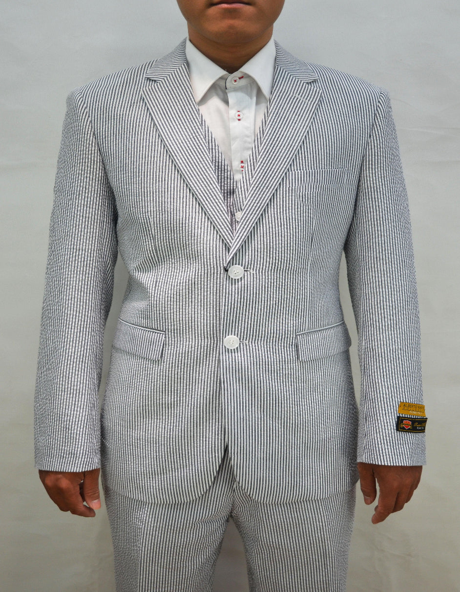 MEN'S 2PC SEERSUCKER MODERN FIT SUIT IN BLACK PINSTRIPE
