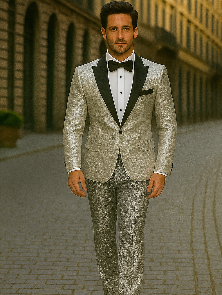 Sequin Suit - Silver Grey Shiny Suit Perfect for Stage or Prom Fancy Pattern Glitter Fabric - 34 Short or Extra Small