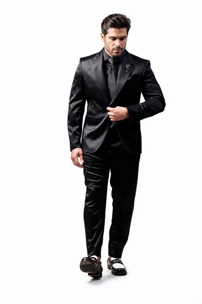 Men's Shiny Satin Charmeuse Metallic Stripe Sheen Monochromatic Pinstripe Suit By Rossiman in Color Black Tailored Fit + Matching Shirt Tie (4-Piece)