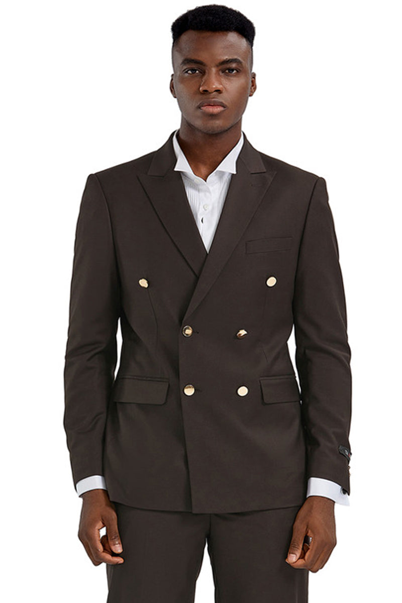 Brown Double Breasted Men's Slim Fit Wedding Suit with Gold Buttons - 34 Short