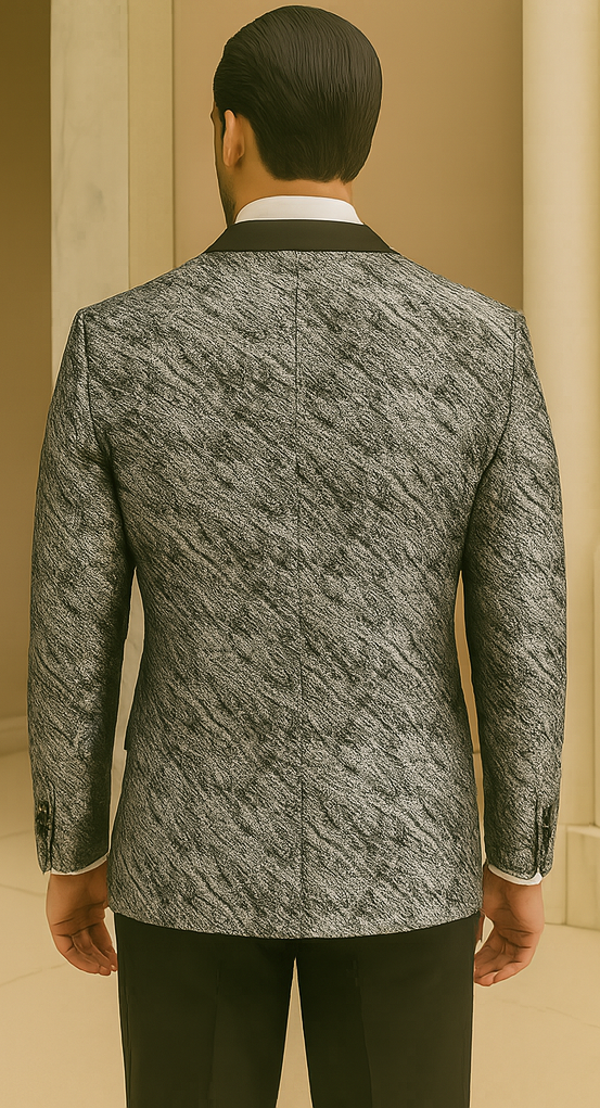 Silver Double Breasted Rough Streak Pattern Satin Peak Lapel Stacy Adams Men's Jacket - 34 Short or Extra Small
