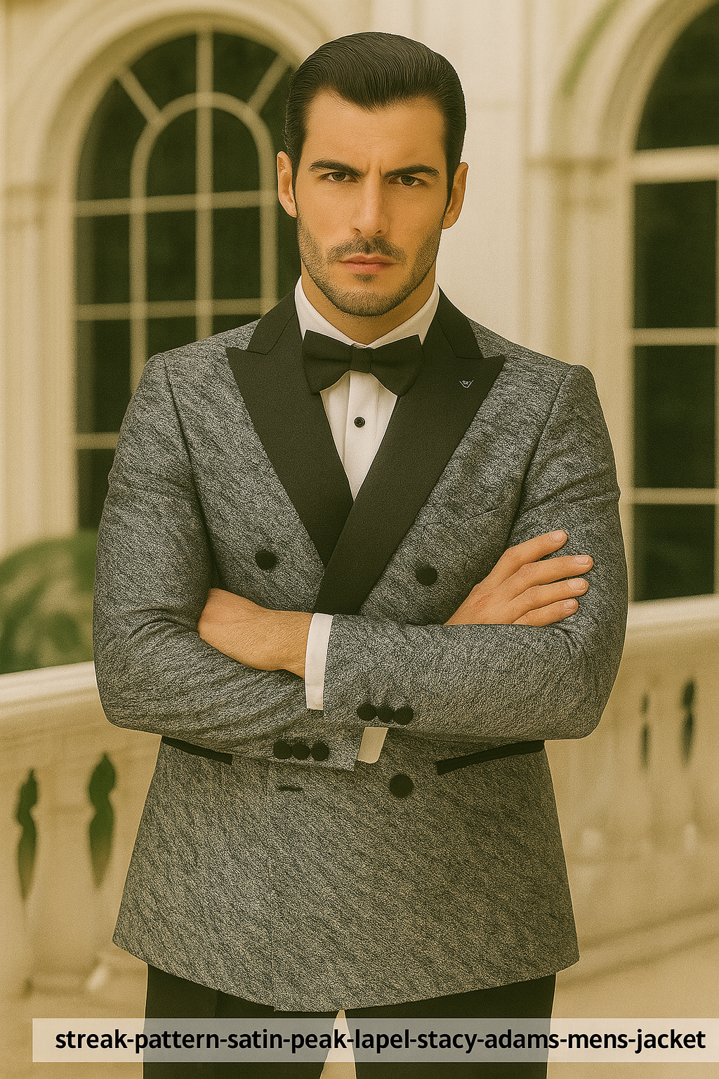 Silver Double Breasted Rough Streak Pattern Satin Peak Lapel Stacy Adams Men's Jacket - 34 Short or Extra Small