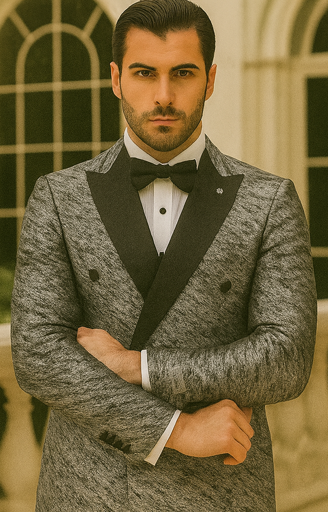 Silver Double Breasted Rough Streak Pattern Satin Peak Lapel Stacy Adams Men's Jacket - 34 Short or Extra Small