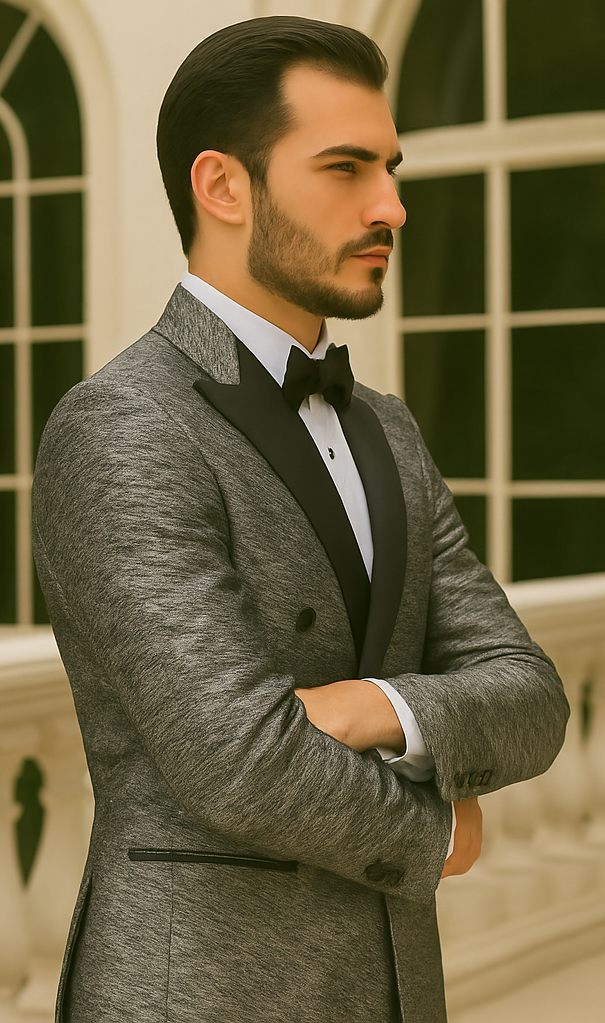 Silver Double Breasted Rough Streak Pattern Satin Peak Lapel Stacy Adams Men's Jacket - 34 Short or Extra Small