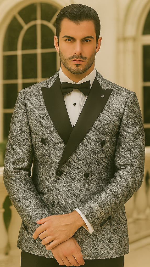 Silver Double Breasted Rough Streak Pattern Satin Peak Lapel Stacy Adams Men's Jacket - 34 Short or Extra Small