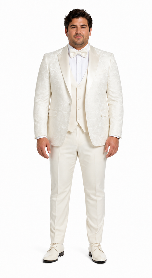 SKU#JA61572 Cream Suit - Ivory Tuxedo - Off White Paisley Suit - Floral Tuxedo - Wedding Tuxedo