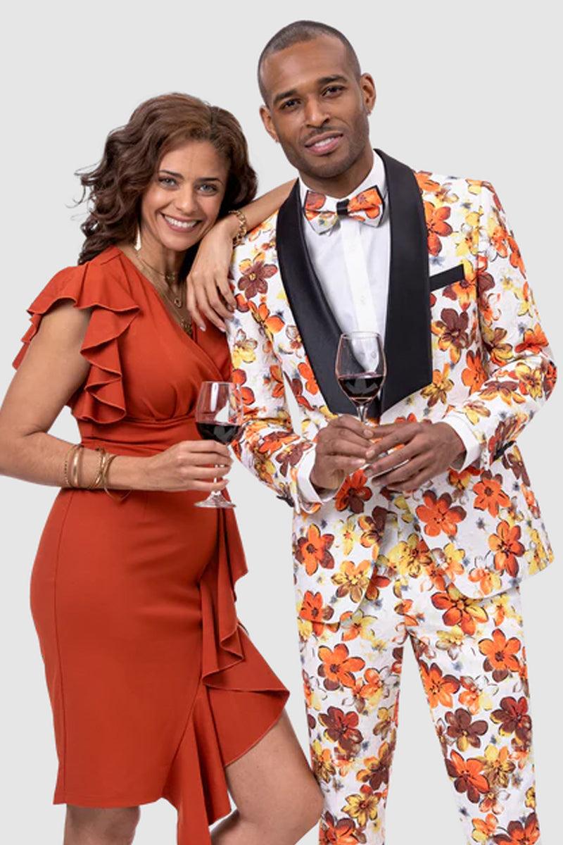 Sleek Orange Floral Square Shawl Tuxedo by EJ Samuel - Black / Orange