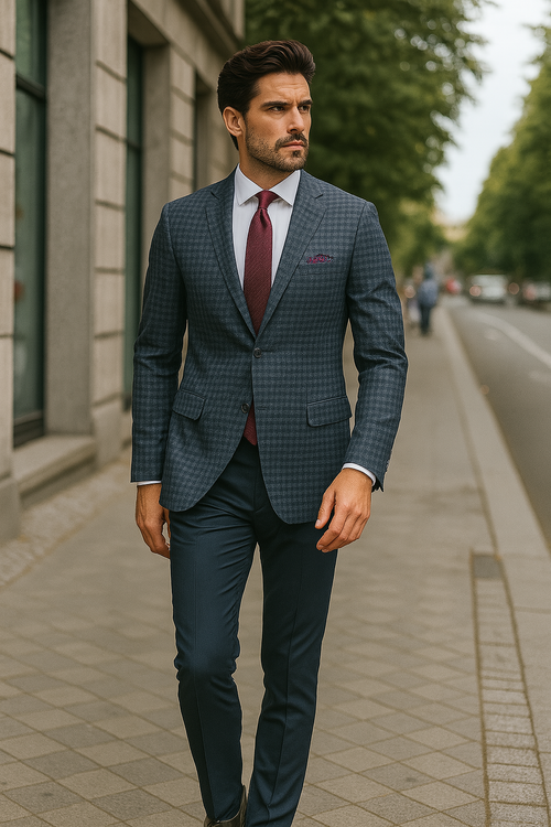 Slim Fit Wool Sport Coat Blazer for Men - Navy Blue & Burgundy Mini Check
