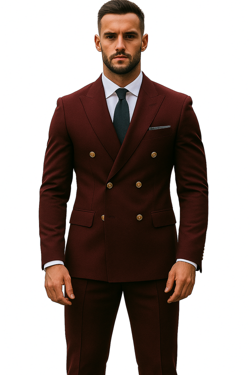 Slim Fit Double Breasted Suit Gold Buttons - Burgundy Suit - Designer Wool Suits