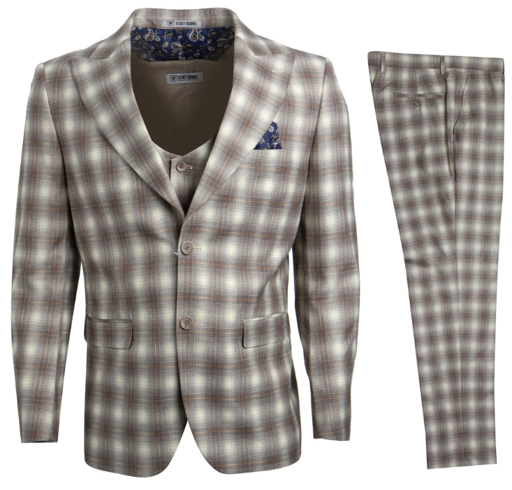 Stacy Adams Men's 3 Piece Executive Slim-Fit Suit with Windowpane Pattern - 38 Short Jacket+32 Waist Adjustable 28to34)(Height: 5 4 to5 7 )(Neck 15-16.5)S-M)