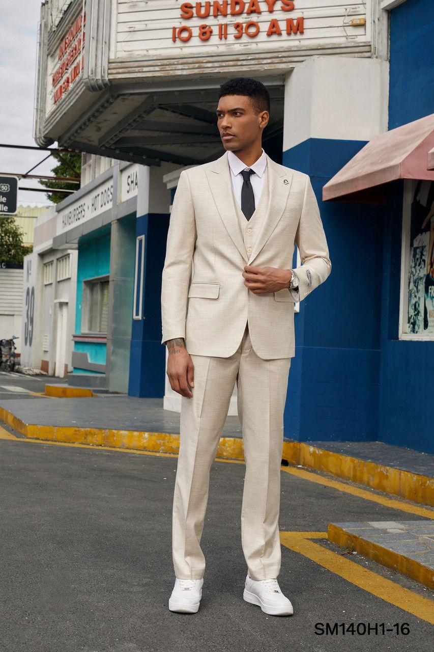 Stacy Adams Men's 3 Piece Hybrid Suit Solid Light Colors - 38 Short Jacket+32 Waist Adjustable 28to34)(Height: 5 4 to5 7 )(Neck  15-16.5)S-M)