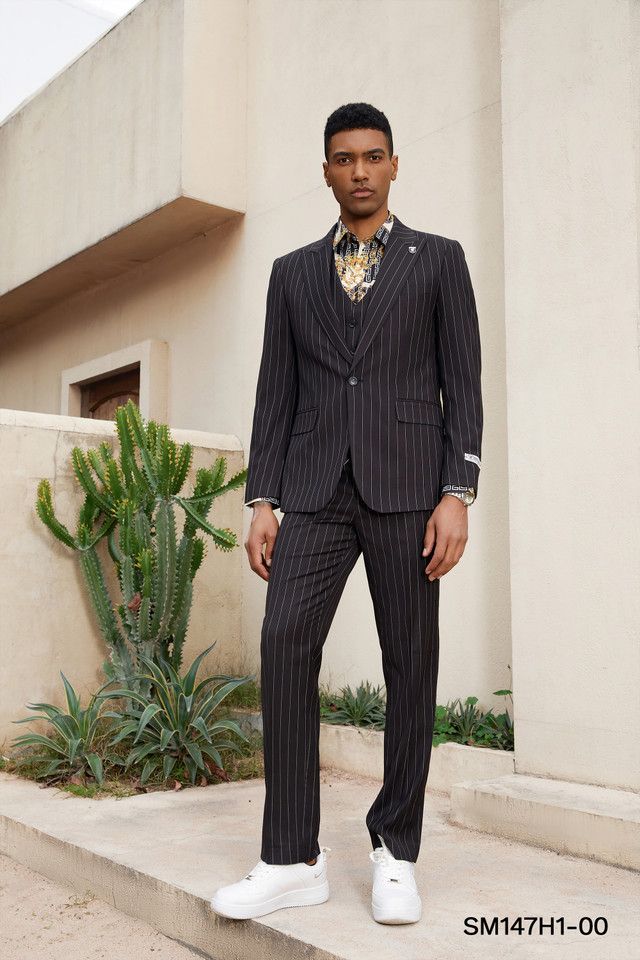 Stacy Adams Men's 3-Piece Pinstripe Hybrid Suit - 38 Short Jacket+32 Waist Adjustable 28to34)(Height: 5 4 to5 7 )(Neck 15-16.5)S-M)