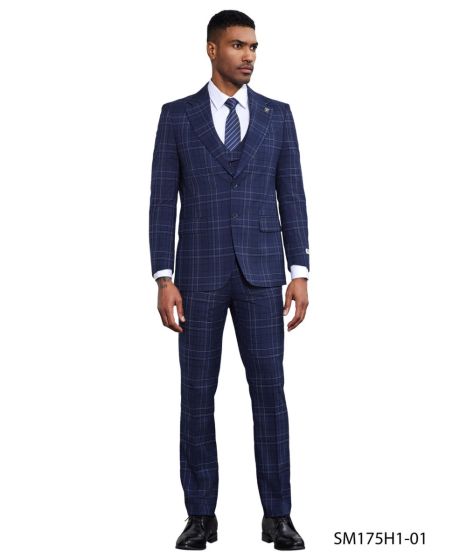 Stacy Adams Men's 3 Piece Hybrid Fit Suit - Window Plaid