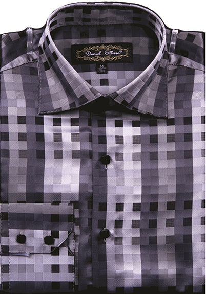 "Men's Regular Fit Sports Shirt - Black Fancy Tonal Square Pattern" - M