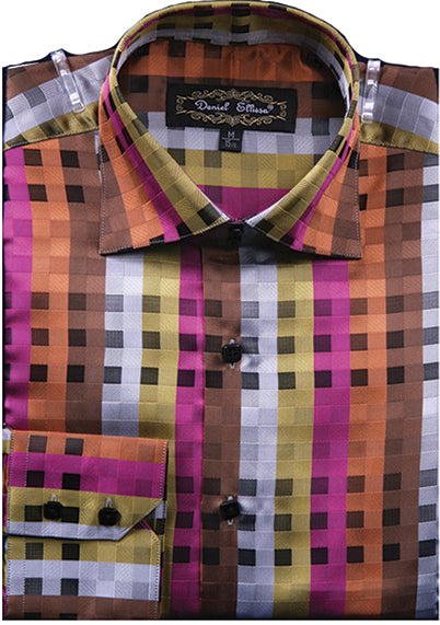 "Men's Regular Fit Sports Shirt - Fancy Tonal Square Pattern, Rust" - M