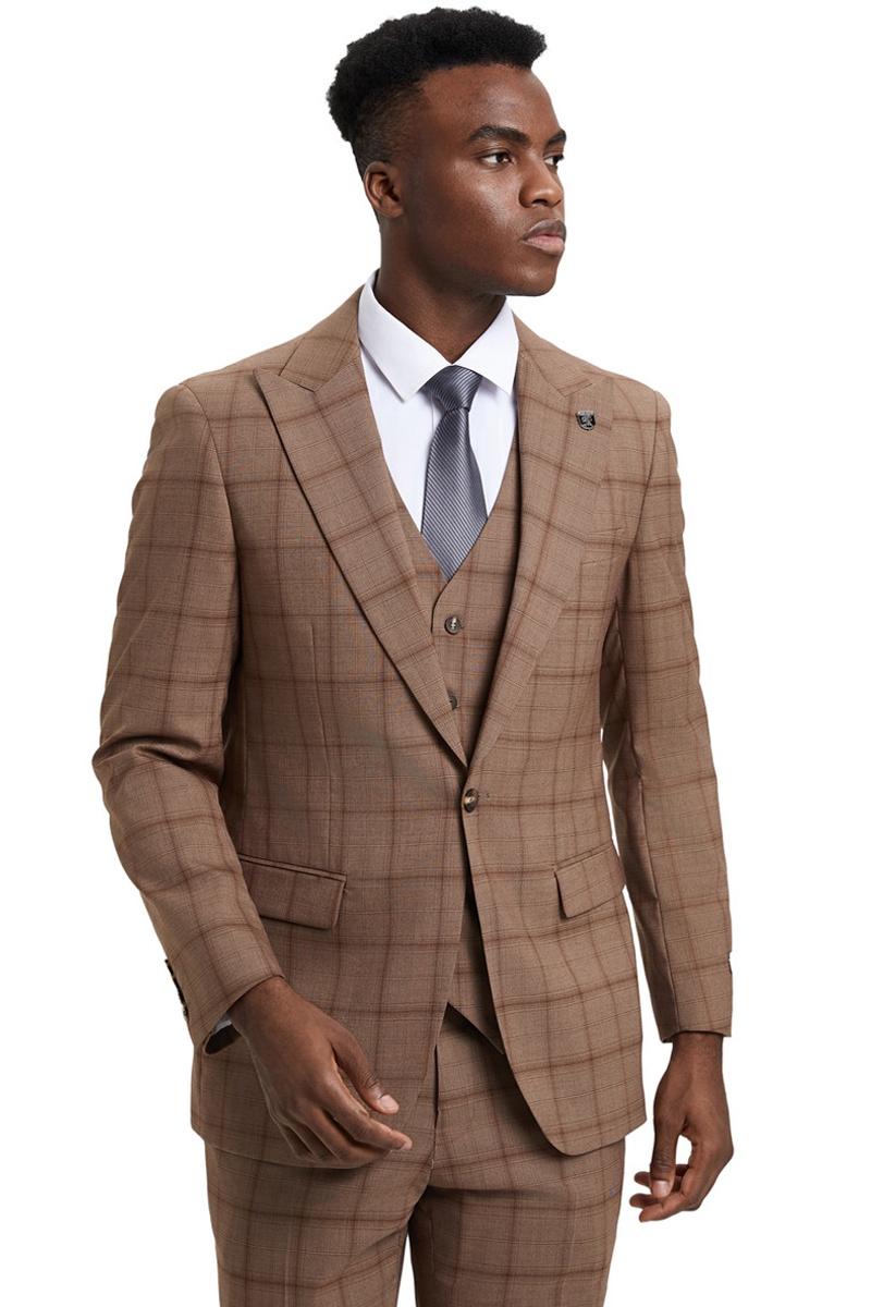 Men's Stacy Adams One Button Vested Suit in Light Brown Windowpane Plaid - 38 Regular