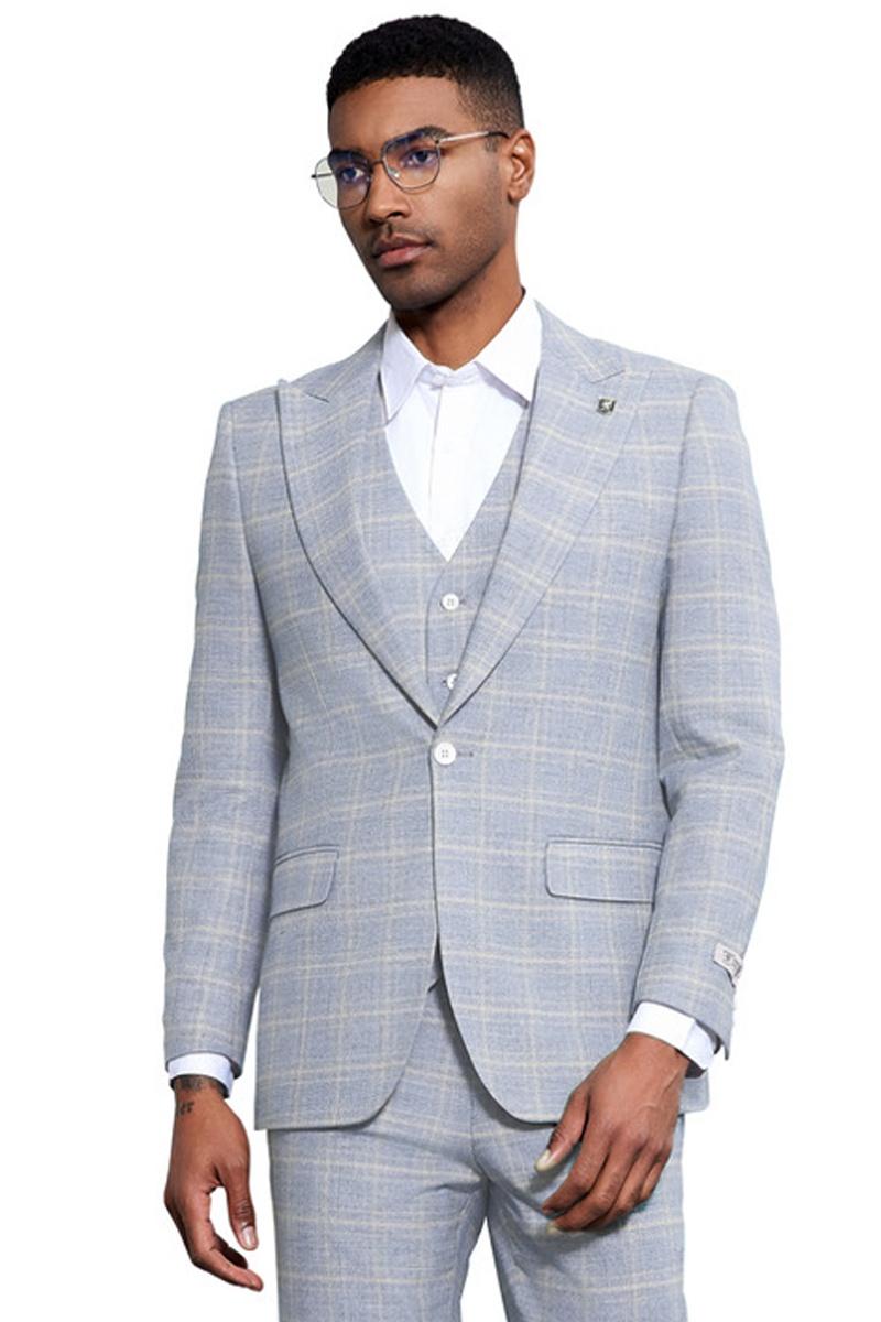 Men's Stacy Adams Vested Peak Lapel Baby Blue Plaid Prom & Wedding Suit - 38 Regular