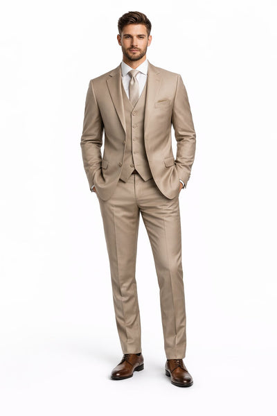 Mens Stacy Adams Suits - Designer Suit - 3 Piece Suit - Vested Suit - Flat Front Pant- Modern Fit Suits Tan Suit