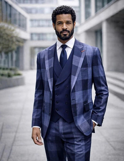 Statement Men's Big Plaid Wool Peak Lapel Modern Fit Suit 3 Piece Navy Venus