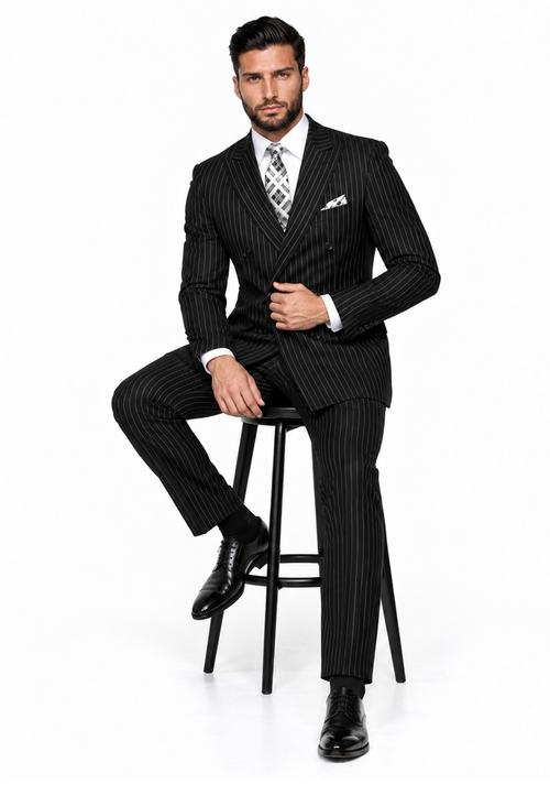 Statement Men's Black Pin Stripe Double Breasted Suits