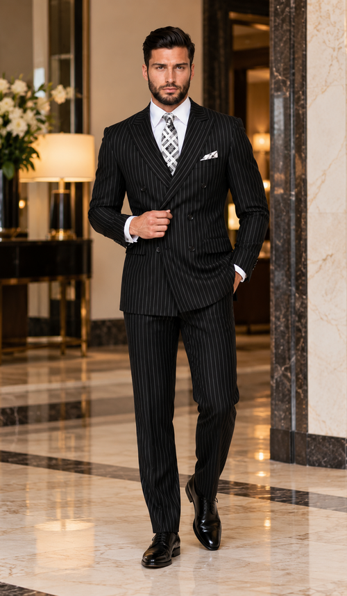 Statement Men's Black Pin Stripe Double Breasted Suits