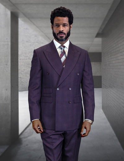 Statement Men's Double Breasted Plaid Purple Eggplant Designer Suit Imperial