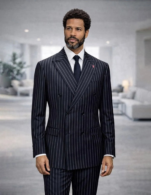 Statement Mens Modern Fit 2 Piece 100% Super 200s Wool Pinstripe Suit – Double Breasted Peak Lapel