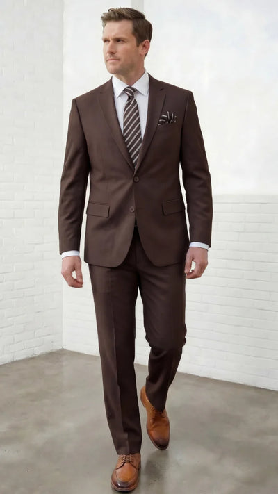 Statement Mens Modern Fit 2 Piece 100% Super 200s Wool Suit – Solid Colors, Notch Lapel Jacket
