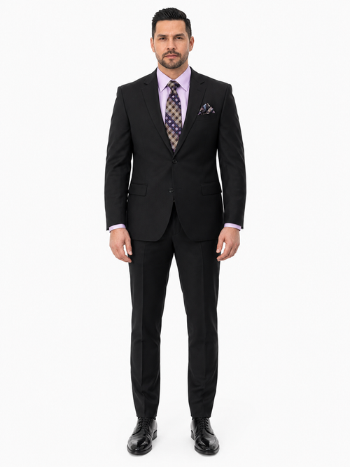 Statement Mens Modern Fit 2 Piece 100% Super 200s Wool Suit – Solid Colors, Notch Lapel Jacket