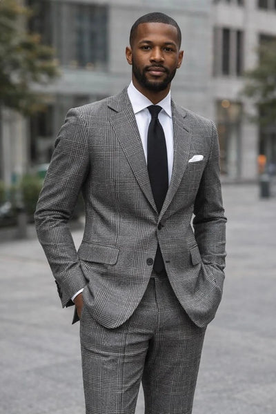 Statement Mens Modern Fit 2 Piece 100% Wool Glen Plaid Suit – Single Breasted Notch Lapel Jacket