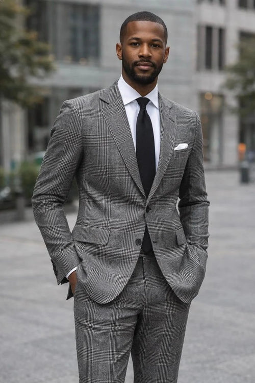 Statement Mens Modern Fit 2 Piece 100% Wool Glen Plaid Suit – Single Breasted Notch Lapel Jacket