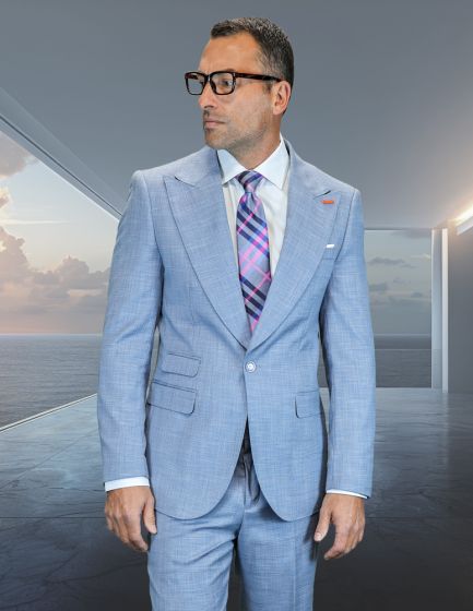 Statement Mens Modern Fit 2 Piece 100% Wool Suit – Wide Peak Lapel, One Button Jacket