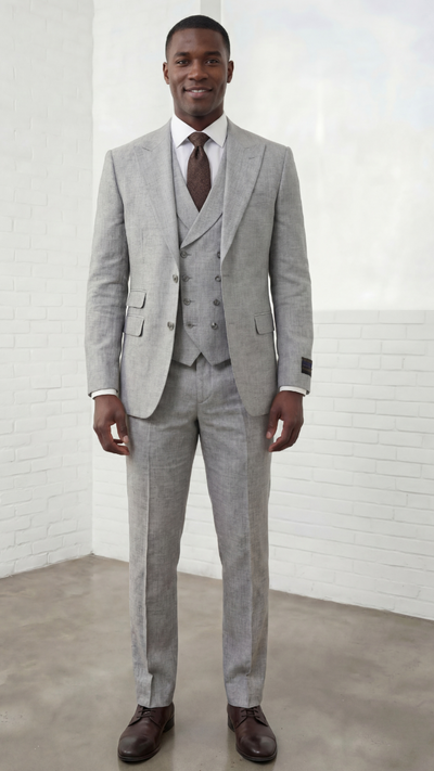 Statement Mens Modern Fit 3 Piece 100% Super 200s Wool Suit – Peak Lapel, Double Breasted Vest